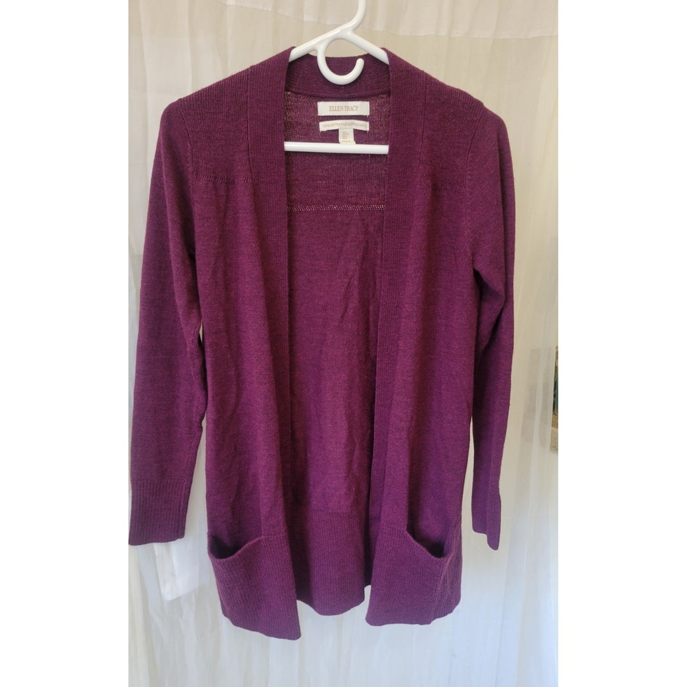 Ellen Tracy Extra Fine Merino Wool Open Front Cardigan Burgundy Sweater Women S